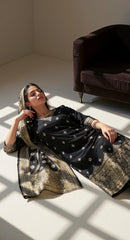 BLACK COLOURED WOMEN'S SILK KURTA WITH DUPATTA SET