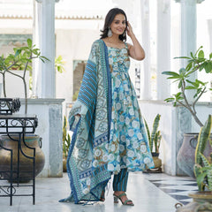 Premium Blue Printed Anarkali Style Chanderi Suit
