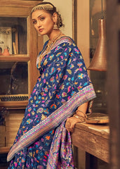 Kashmiri Weaving Multiple color thread weaving pure zari weaving blue coloured saree
