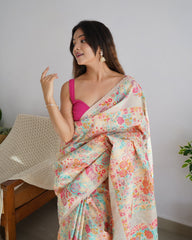 Kashmiri Weaving Multiple color thread weaving pure zari weaving Cream coloured saree
