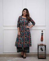 Sara Teal Cotton Kurta with Bottom | Digital Printed 2-Piece Set | Comfortable Casual & Office Wear Kurta – Malaysia