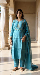 BLUE COLOURED WOMEN'S POLYSTER KURTA WITH DUPATTA SET