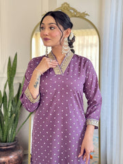 PURPLE COLOURED WOMEN'S REYON EMBROIDERED KURTA WITH PANT DUPATTA SET