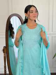 SKY COLOURED WOMEN'S PURE COTTON KURTA WITH PANT DUPATTA SET