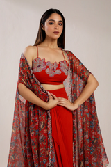RED DRAPE SKIRT WITH CAPE