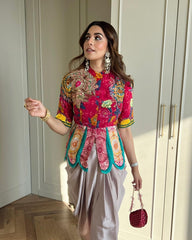 Pink Embroidered Work PeplumTop with Dhoti set