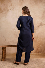 Elegant Navy Blue Maslin Kurta Set for Women | Embroidered Kurti with Jacquard Work | Stitched Suit with Bottom & Chanderi Dupatta | Ready to Wear Ethnic Set Malaysia