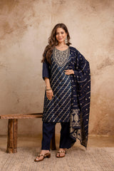 Elegant Navy Blue Maslin Kurta Set for Women | Embroidered Kurti with Jacquard Work | Stitched Suit with Bottom & Chanderi Dupatta | Ready to Wear Ethnic Set Malaysia