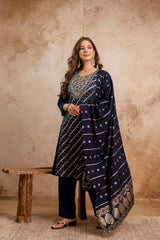 Elegant Navy Blue Maslin Kurta Set for Women | Embroidered Kurti with Jacquard Work | Stitched Suit with Bottom & Chanderi Dupatta | Ready to Wear Ethnic Set Malaysia