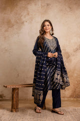 Elegant Navy Blue Maslin Kurta Set for Women | Embroidered Kurti with Jacquard Work | Stitched Suit with Bottom & Chanderi Dupatta | Ready to Wear Ethnic Set Malaysia