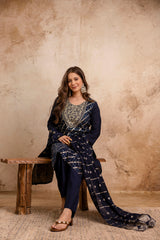 Elegant Navy Blue Maslin Kurta Set for Women | Embroidered Kurti with Jacquard Work | Stitched Suit with Bottom & Chanderi Dupatta | Ready to Wear Ethnic Set Malaysia