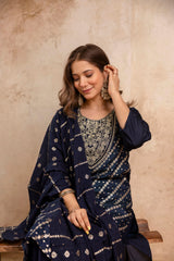 Elegant Navy Blue Maslin Kurta Set for Women | Embroidered Kurti with Jacquard Work | Stitched Suit with Bottom & Chanderi Dupatta | Ready to Wear Ethnic Set Malaysia