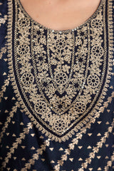 Elegant Navy Blue Maslin Kurta Set for Women | Embroidered Kurti with Jacquard Work | Stitched Suit with Bottom & Chanderi Dupatta | Ready to Wear Ethnic Set Malaysia