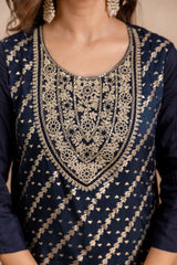 Elegant Navy Blue Maslin Kurta Set for Women | Embroidered Kurti with Jacquard Work | Stitched Suit with Bottom & Chanderi Dupatta | Ready to Wear Ethnic Set Malaysia