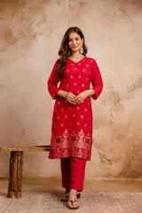 Rani Pink Maslin Kurta Set for Women | Weaving Jacquard Stitched Suit with Bottom & Dupatta | Elegant Ethnic Wear for Women Malaysia | Ready to Wear Kurti Set