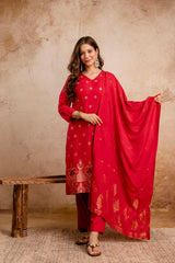 Rani Pink Maslin Kurta Set for Women | Weaving Jacquard Stitched Suit with Bottom & Dupatta | Elegant Ethnic Wear for Women Malaysia | Ready to Wear Kurti Set