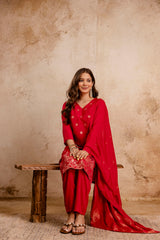 Rani Pink Maslin Kurta Set for Women | Weaving Jacquard Stitched Suit with Bottom & Dupatta | Elegant Ethnic Wear for Women Malaysia | Ready to Wear Kurti Set