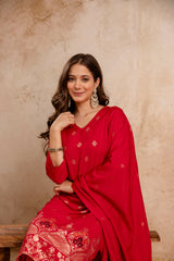 Rani Pink Maslin Kurta Set for Women | Weaving Jacquard Stitched Suit with Bottom & Dupatta | Elegant Ethnic Wear for Women Malaysia | Ready to Wear Kurti Set