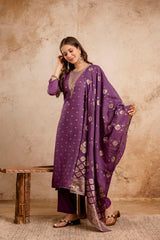 Rust Embroidered Maslin Kurta Set for Women | Stitched Suit with Weaving Jacquard Work & Chanderi Dupatta | Ready to Wear Ethnic Wear Malaysia