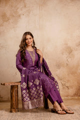 Rust Embroidered Maslin Kurta Set for Women | Stitched Suit with Weaving Jacquard Work & Chanderi Dupatta | Ready to Wear Ethnic Wear Malaysia