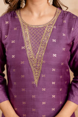 Rust Embroidered Maslin Kurta Set for Women | Stitched Suit with Weaving Jacquard Work & Chanderi Dupatta | Ready to Wear Ethnic Wear Malaysia