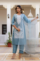 GREY COLOURED WOMEN'S VISCOSE RAYON KURTA WITH DUPATTA SET