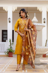 YELLOW COLOURED WOMEN'S P0LYSTER KURTA WITH DUPATTA SET