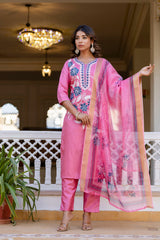 PINK COLOURED WOMEN'S P0LYSTER KURTA WITH DUPATTA SET