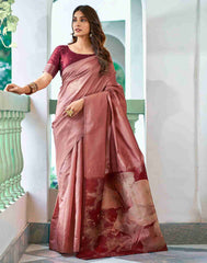 Banarasi Silk Saree for Women – Dark Peach & Maroon | Traditional Indian Saree | Partywear, Wedding & Festival Saree with Blouse Piece | Buy Saree Online Malaysia