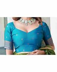 Elegant Banarasi Silk Saree for Women | Green & Multi-Color Woven Traditional Saree with Teal Blue Blouse | Wedding & Party Wear Saree Malaysia