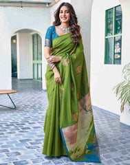 Elegant Banarasi Silk Saree for Women | Green & Multi-Color Woven Traditional Saree with Teal Blue Blouse | Wedding & Party Wear Saree Malaysia