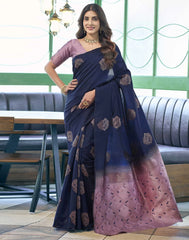 Banarasi Silk Blend Saree Navy Blue with Dusty Lavender & Golden | Wedding Saree Malaysia | Party Wear Indian Saree Online