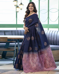 Banarasi Silk Blend Saree Navy Blue with Dusty Lavender & Golden | Wedding Saree Malaysia | Party Wear Indian Saree Online