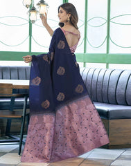 Banarasi Silk Blend Saree Navy Blue with Dusty Lavender & Golden | Wedding Saree Malaysia | Party Wear Indian Saree Online