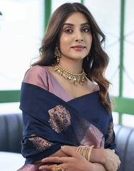 Banarasi Silk Blend Saree Navy Blue with Dusty Lavender & Golden | Wedding Saree Malaysia | Party Wear Indian Saree Online