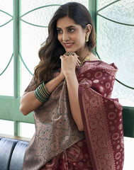 Banarasi Silk Blend Saree for Women | Maroon & Dark Green Woven Saree with Golden Border | Indian Traditional Saree with Blouse Piece | Party Wear Saree Malaysia Online Shopping