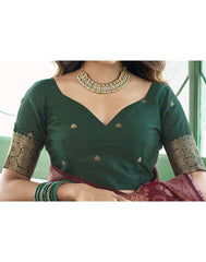 Banarasi Silk Blend Saree for Women | Maroon & Dark Green Woven Saree with Golden Border | Indian Traditional Saree with Blouse Piece | Party Wear Saree Malaysia Online Shopping