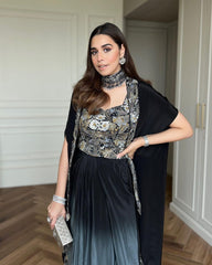 Black Ombre Draped Dhoti Skirt Set