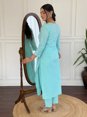 SKY COLOURED WOMEN'S PURE COTTON KURTA WITH PANT DUPATTA SET