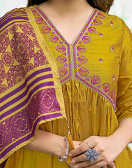 YELLOW COLOURED WOMEN'S VISCOSE RAYON KURTA WITH DUPATTA SET