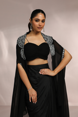 Black Dhoti Skirt with Blouse & Embroidered Cape Set