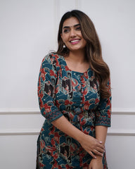 Sara Teal Cotton Kurta with Bottom | Digital Printed 2-Piece Set | Comfortable Casual & Office Wear Kurta – Malaysia