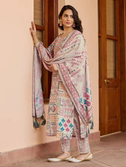 WHITE COLOURED WOMEN'S COTTON EMBROIDERED KURTA WITH PANT DUPATTA SET