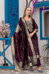 Noor Wine Soft Silk Kurta Set with Bottom & Jacquard Dupatta | Elegant Festive & Party Wear – Malaysia