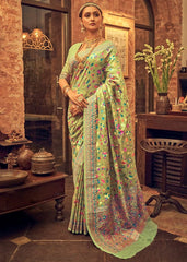 Kashmiri Weaving Multiple color thread weaving pure zari weaving Pista coloured saree