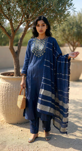 BLUE COLOURED WOMEN'S POLYSTER KURTA WITH DUPATTA SET