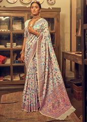 Kashmiri Weaving Multiple color thread weaving pure zari weaving white coloured saree
