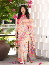 Kashmiri Weaving Multiple color thread weaving pure zari weaving White and cream coloured saree