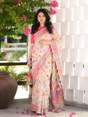Kashmiri Weaving Multiple color thread weaving pure zari weaving White and cream coloured saree