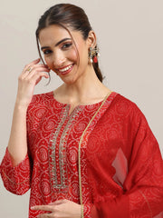 RED COLOURED WOMEN'S VISCOSE RAYON KURTA WITH DUPATTA SET